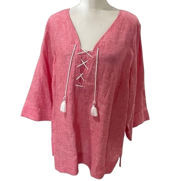 New Tommy Bahama Coastalina 3/4 Sleeve V Neck Tassel Linen Tunic Blouse Pink - Picture 3 of 15